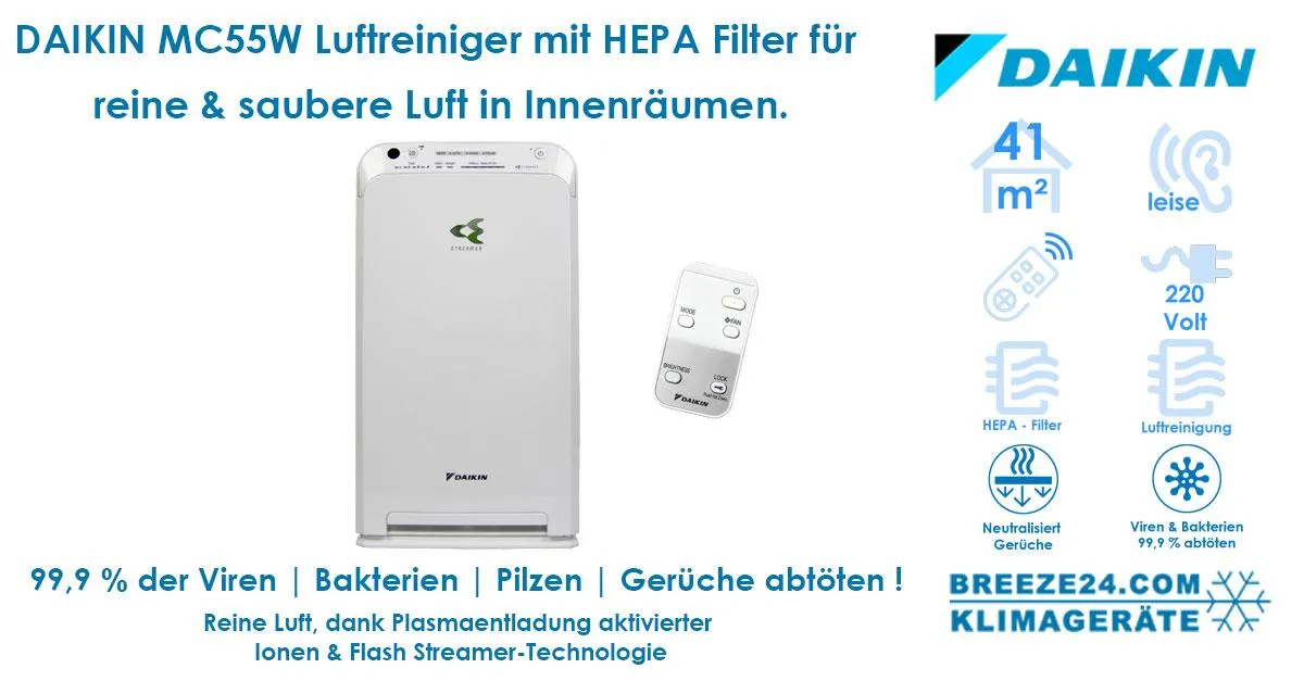 Die Lösung für Buchhändler. Daikin MC55W Luftreiniger mit HEPA 13 Filter.