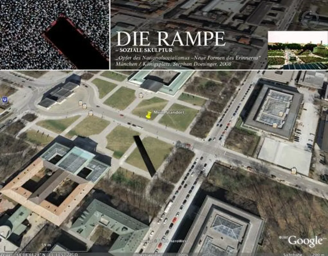 ?Die Rampe? für den Münchener Königsplatz von Stephan Doesinger bildet eine Leerstelle. Für die anwesenden Menschen wird die Abwesenheit der Opfer des Nationalsozialismus erfahrbar.