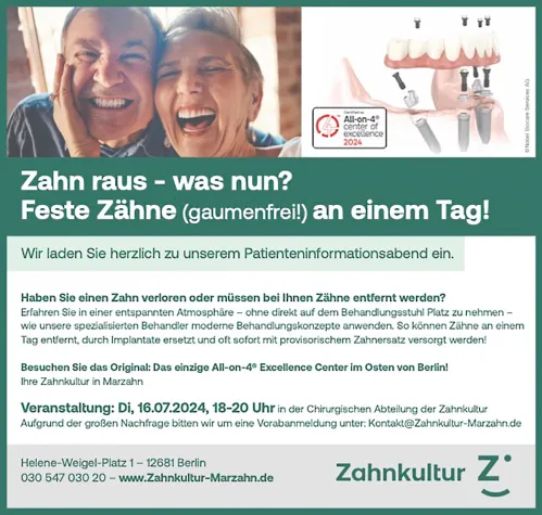 Bild: Patienteninformationsabend: Zahn raus - was nun? Feste Zähne (gaumenfrei) an einem Tag! 