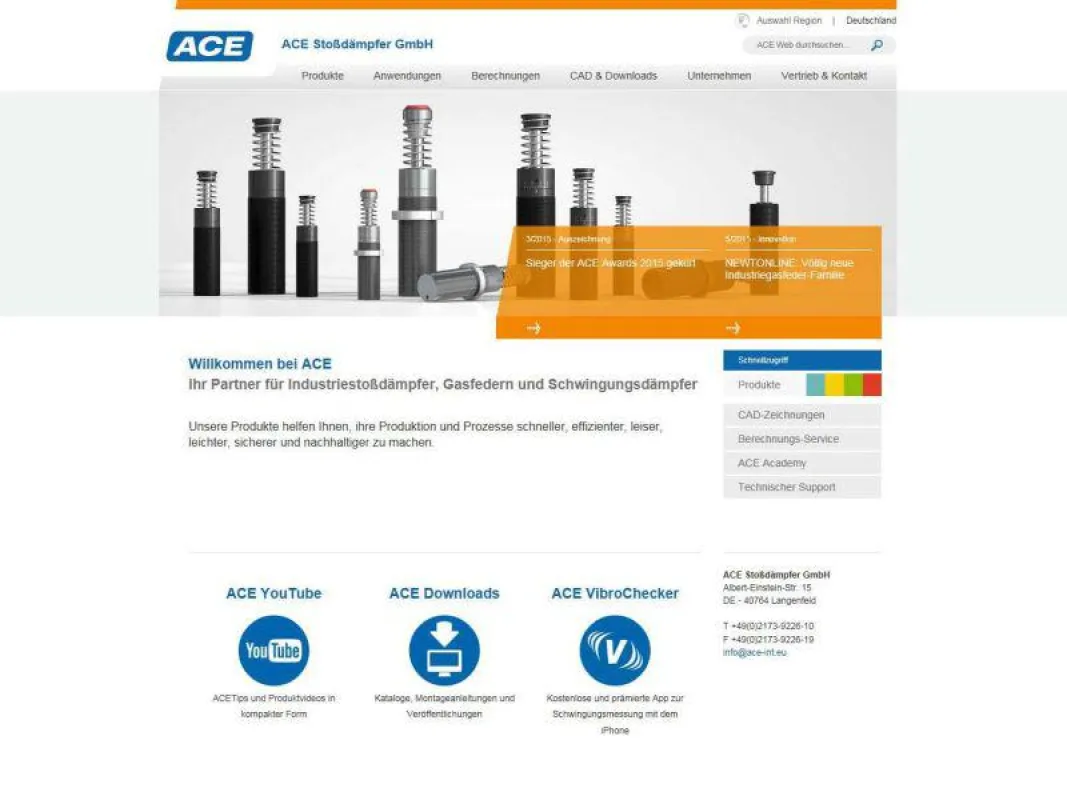 Innovativ, übersichtlich und vereinheitlicht: Die Startseite der ACE Stoßdämpfer GmbH im Internet –