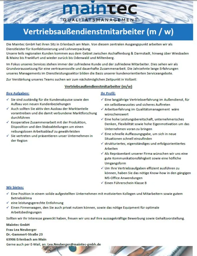 Stellenanzeige Vertriebsmitarbeiter Maintec