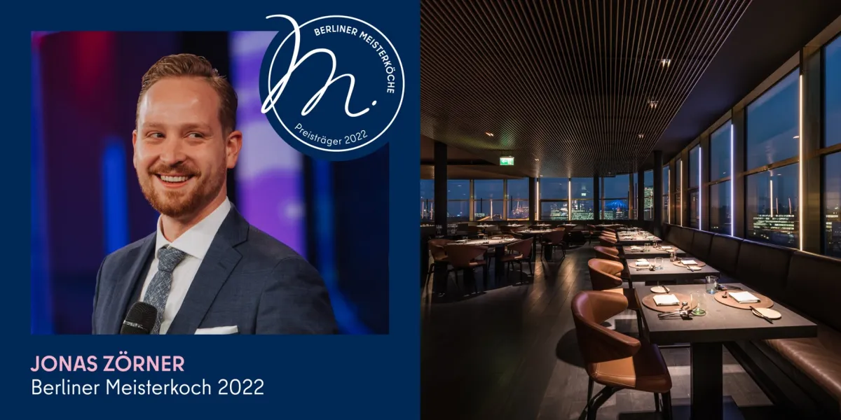 Küchenchef Jonas Zörner und das Sternerestaurant GOLVET mit Blick über den Potsdamer Platz (© Berlin Partner eventfotografen / © Thomas Schlorke)