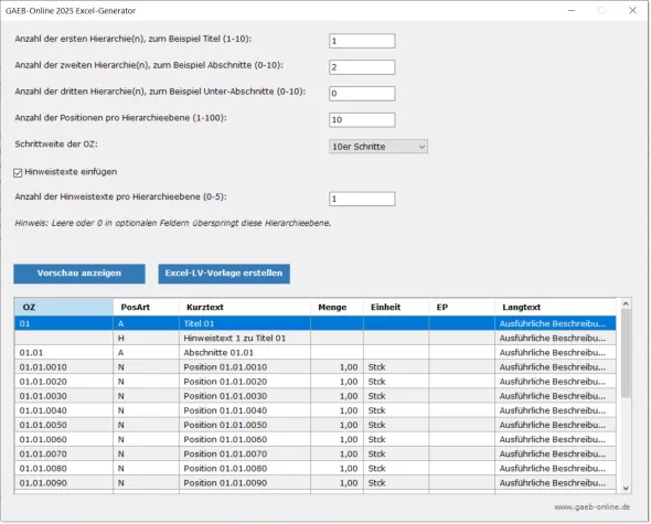 Der Excel-LV-Generator von GAEB-Online 2025 Bild: Der Excel-LV-Generator von GAEB-Online 2025