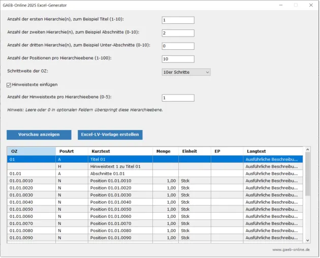 Bild: Der Excel-LV-Generator von GAEB-Online 2025