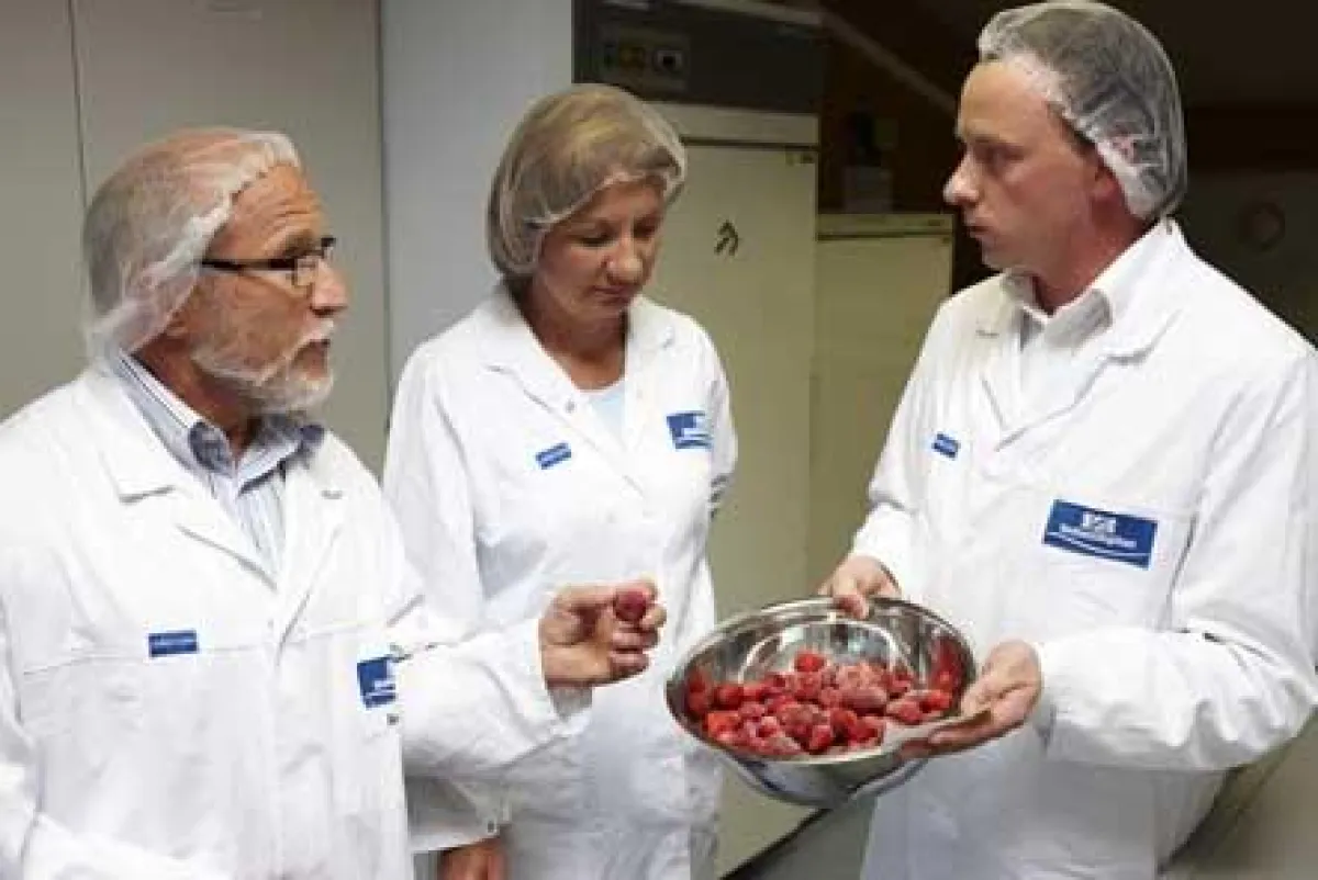 Petra Brunner (Hausfrau aus Petershausen, 50) und Fred Franke (Buchbinder aus Olching, 61) im Gespräch mit Oliver Hensel, Produktentwickler Fruchtzubereitungen.