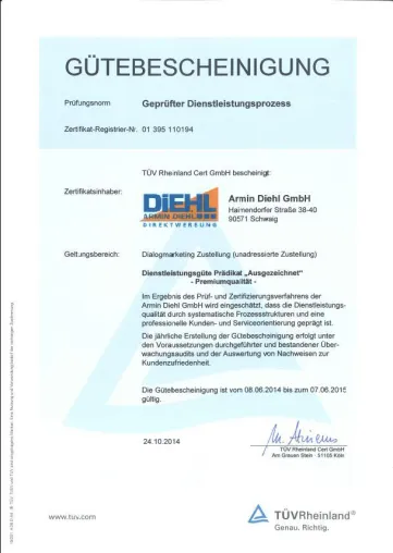 Bild: TÜV Rheinland 2014: Armin Diehl GmbH erhält das Güte-Siegel „Ausgezeichnet Premiumqualität“