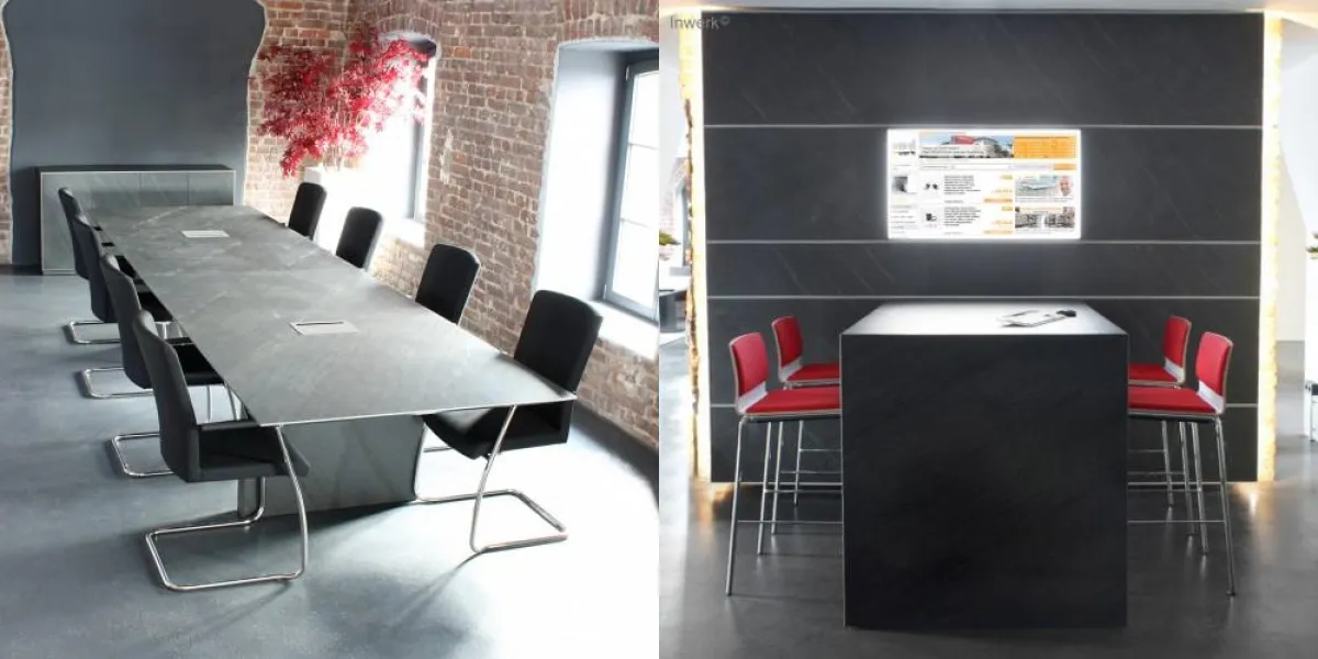Natur-Design par excellence: Konferenztisch und TV-Wand