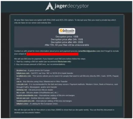 Bild: Jager Decryptor Ransomware gibt Bezahlfrist von 72 Stunden