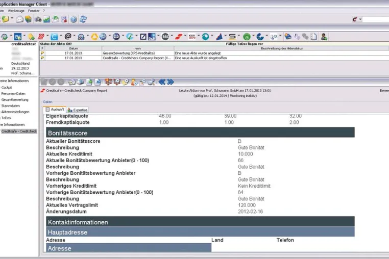 Bild: Creditsafe Firmenauskünfte in Kreditrisikomanagement-Software CAM der Prof. Schumann GmbH