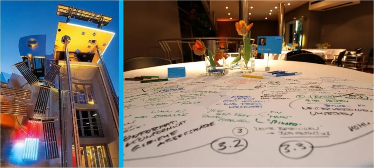 Villa E96 in Hamburg (Foto: Stoeter + Stoeter) und die Tischdecken nach der Diskussion im World Café (Foto: M.O.O.CON)