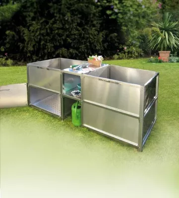 Bild: Weltneuheit - Quadro-Hochbeet aus Edelstahl mit Komposter und Zwischenablage