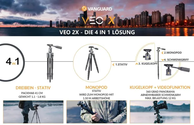 VANGUARD VEO 2X – die neue Generation von Stativen + VEO 2GO 265HABM/265HCBM – mit unübertroffener Höhe Bild: VANGUARD VEO 2X – die neue Generation von Stativen + VEO 2GO 265HABM/265HCBM – mit unübertroffener Höhe