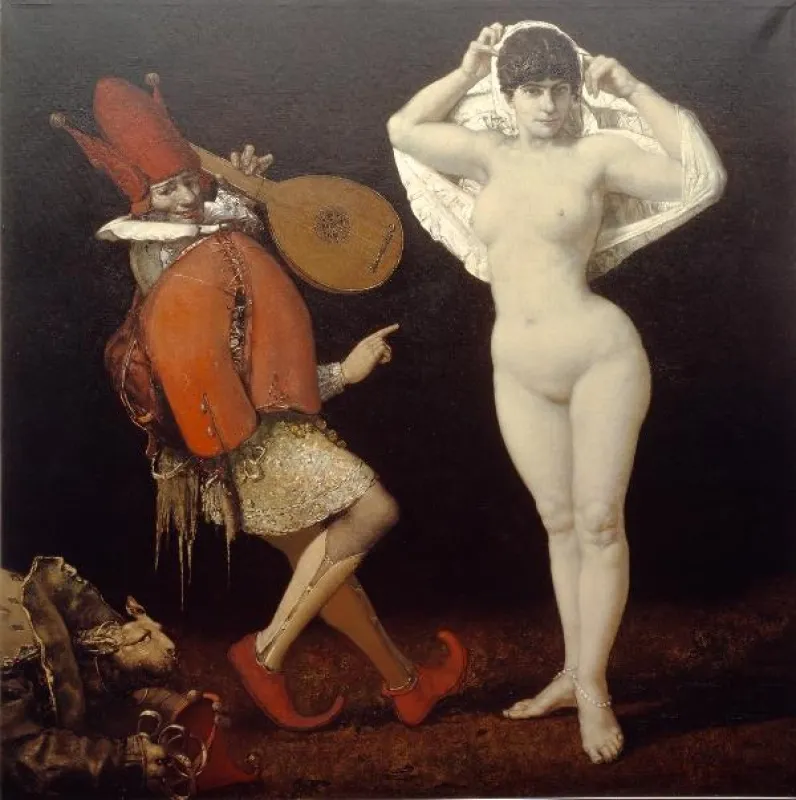 Werner Tübke, Der Narr und das Mädchen, 1982, Öl auf Leinwand, 150 x 150 cm