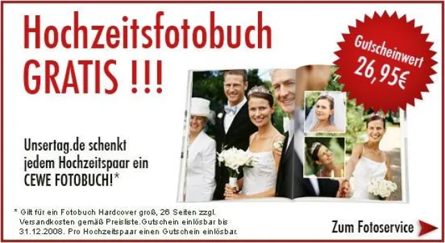 Bild: UnserTag.de gratuliert allen Hochzeitspaaren und schenkt ihnen ein Qualitäts-Fotobuch