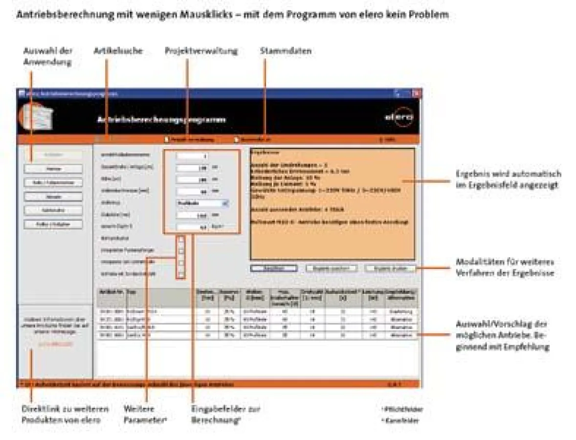 Antriebsberechnung mit wenigen Mausklicks – mit dem Programm von elero kein Problem. Quelle: elero
