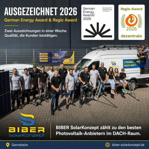 BIBER SolarKonzept räumt nächsten Preis ab: Regio Award 2026 für herausragende Kundenzufriedenheit Bild: BIBER SolarKonzept räumt nächsten Preis ab: Regio Award 2026 für herausragende Kundenzufriedenheit