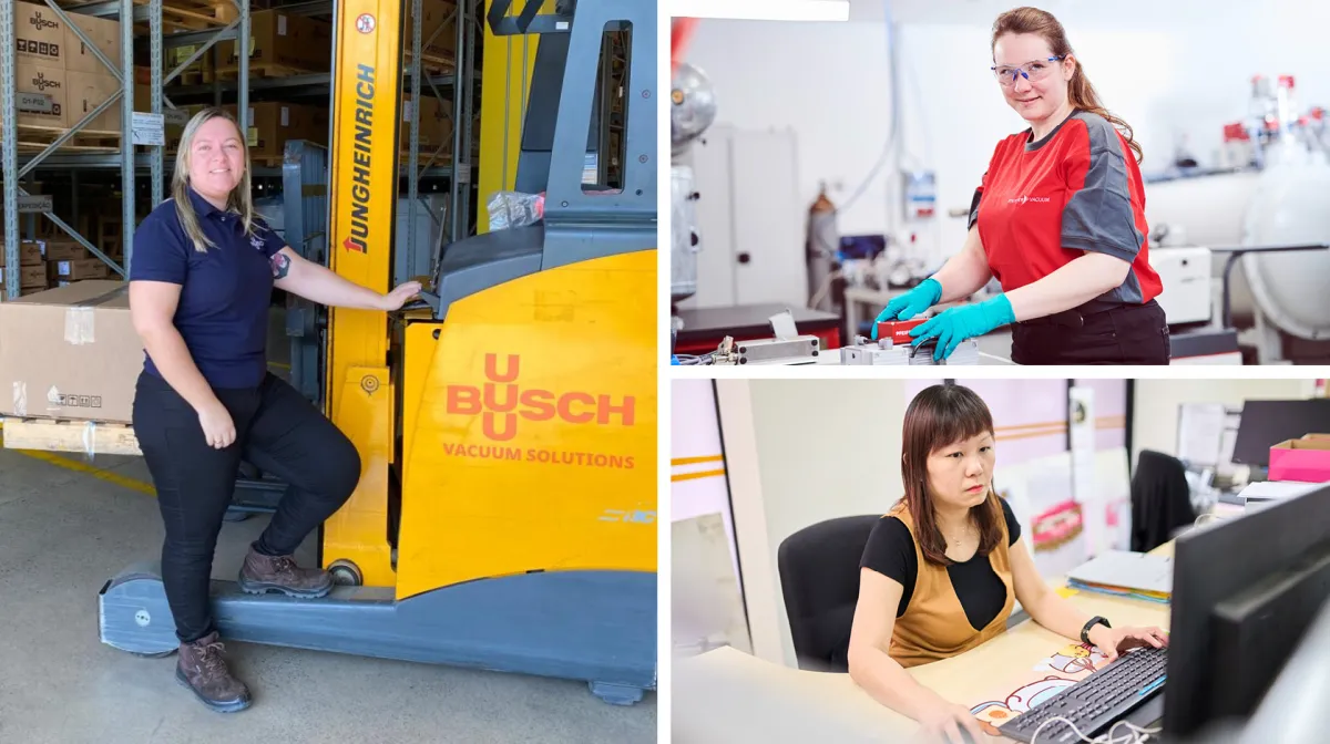 Mitarbeiterinnen der Busch Group in ihrem Arbeitsumfeld. (© Quelle: Busch Group.)