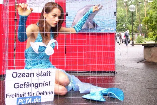 PETA und Anne Mühlmeier fordern Freiheit für Delfine vor Nürnberger Delfinarium Bild: PETA und Anne Mühlmeier fordern Freiheit für Delfine vor Nürnberger Delfinarium