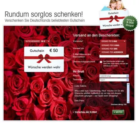 Klasse Geschenkidee zum Valentinstag im Internet: Der Center-Gutschein Bild: Klasse Geschenkidee zum Valentinstag im Internet: Der Center-Gutschein