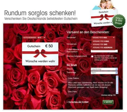 Klasse Geschenkidee zum Valentinstag im Internet: Der Center-Gutschein Bild: Klasse Geschenkidee zum Valentinstag im Internet: Der Center-Gutschein