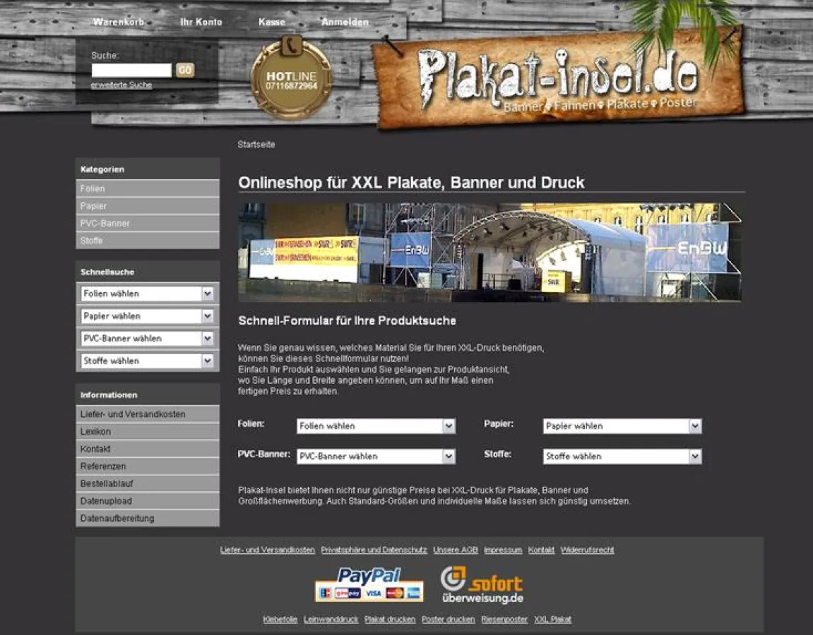 Screenshot des Online-Shops für XXL-Werbung aus Stuttgart: www.plakat-insel.de