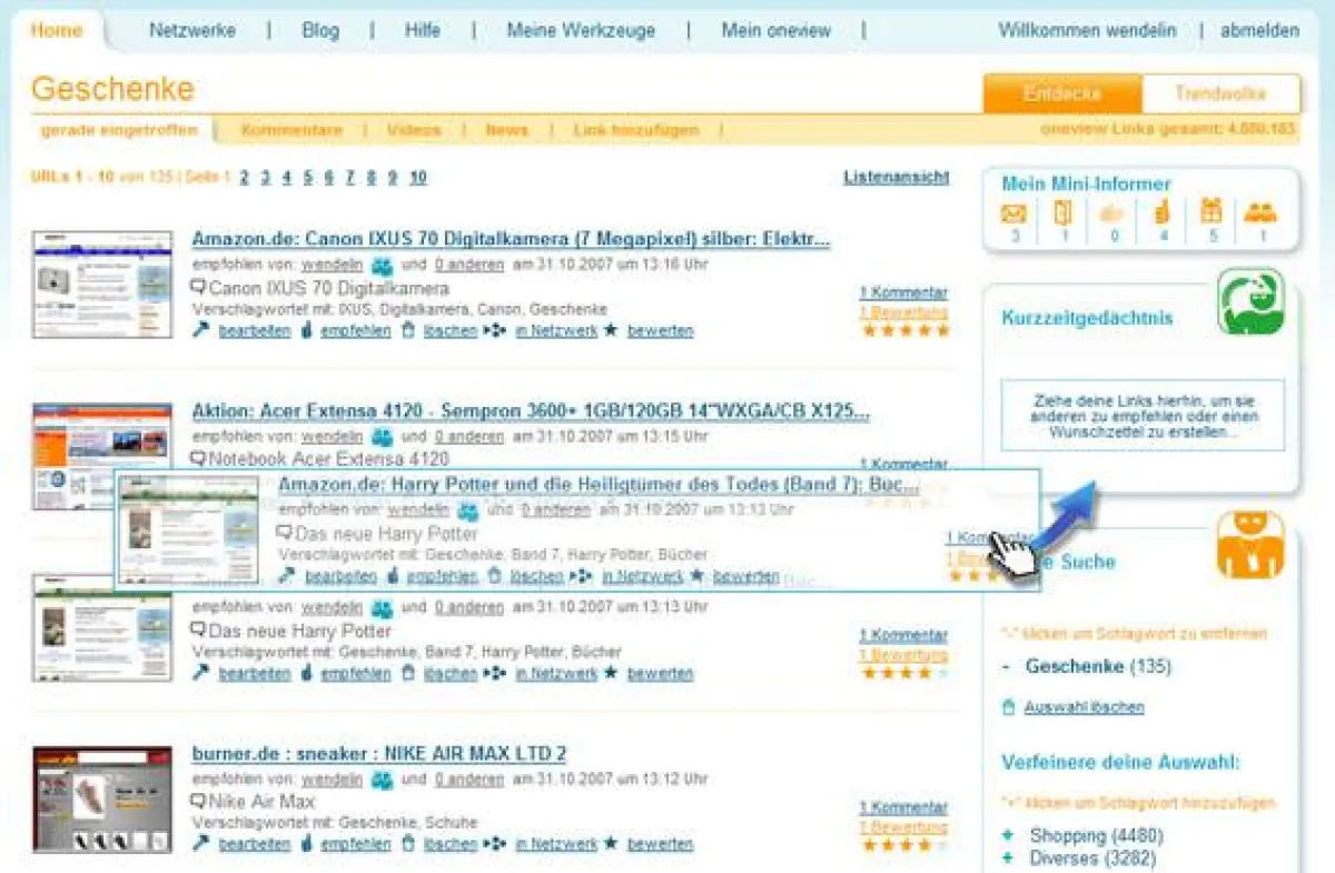 Links per Drag & Drop ins oneview-Kurzzeitgedächtnis ziehen