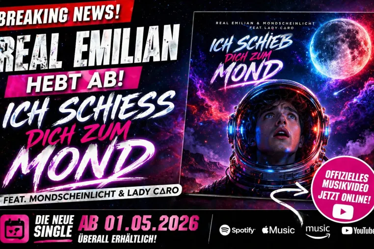“Ich Schieß Dich Zum Mond” Real Emilian hebt ab & explodiert jetzt mit offiziellem Musikvideo! Bild: “Ich Schieß Dich Zum Mond” Real Emilian hebt ab & explodiert jetzt mit offiziellem Musikvideo!