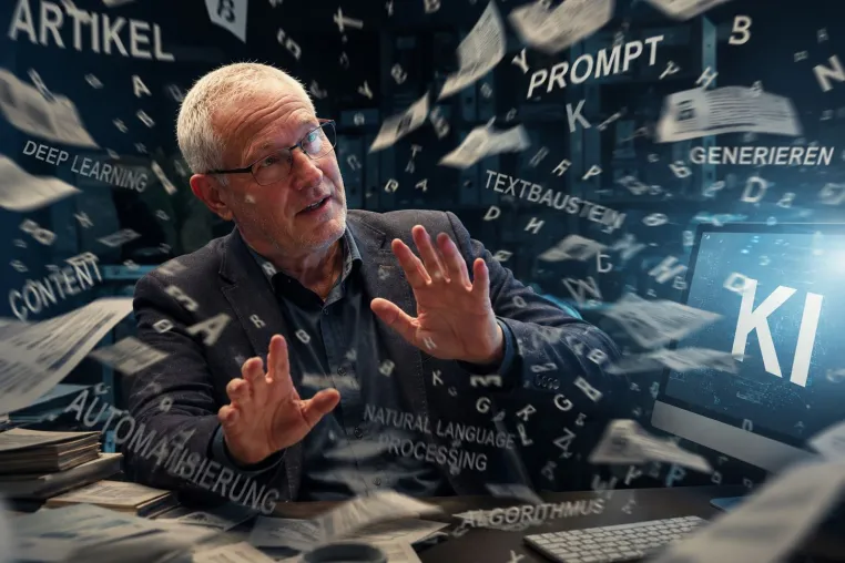 Bild: Killt die KI den Texterberuf? Was ein Texter meint. Und wie die KI das Interview geschrieben hätte.