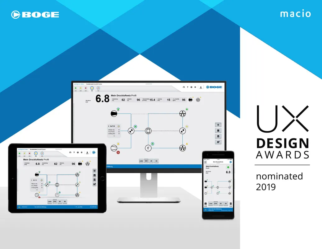 Das von der macio GmbH entwickelte User Interface Design für die Boge Druckluft-Kompressoren.