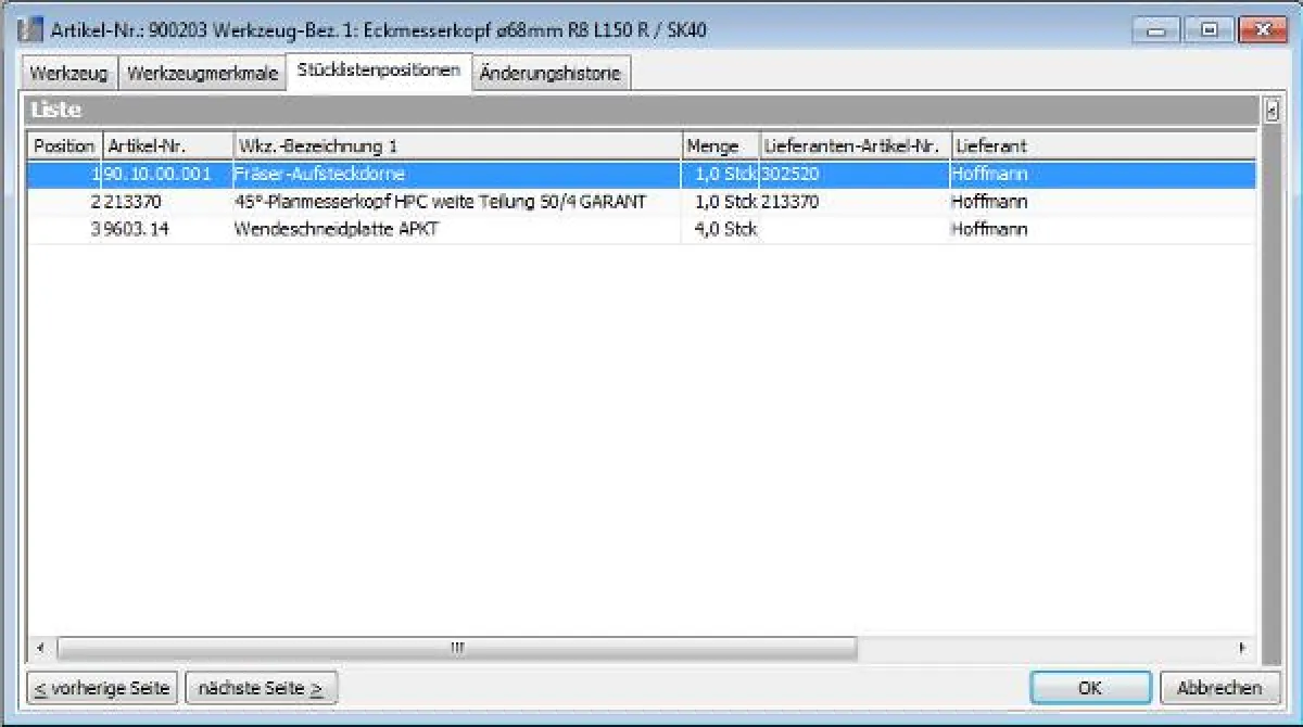 Werkzeugverwaltung EVOtools bietet die Verwaltung von Werkzeugstücklisten