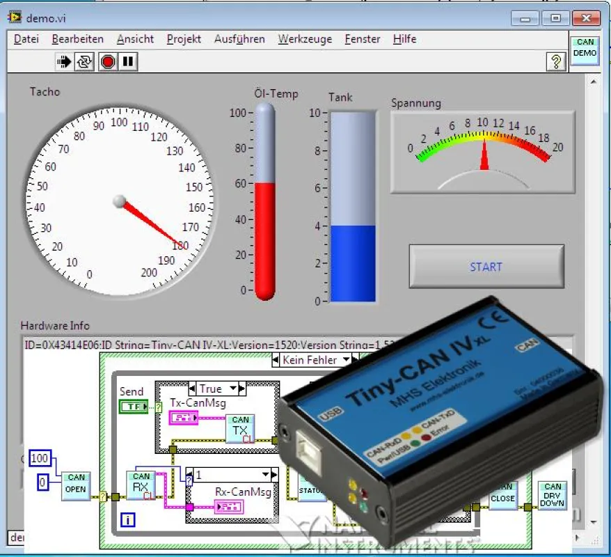 Tiny-CAN-Hardware des Herstellers MHS Elektronik kann als VI in LabView eingebunden werden.