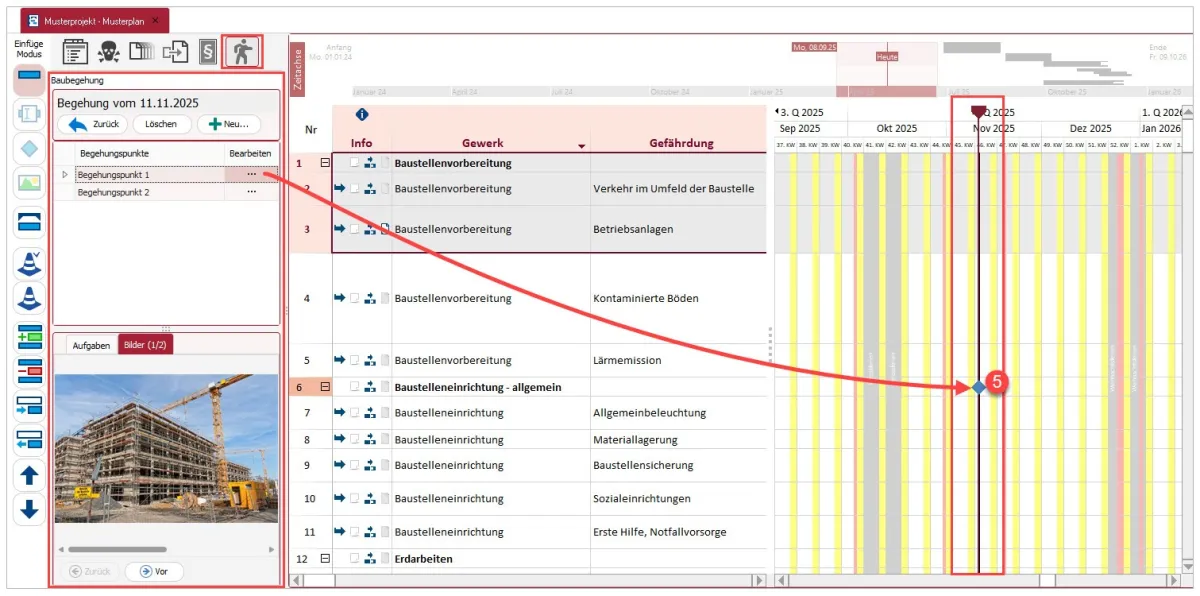 Baubegehungen lassen sich mit SiGe-Plänen verknüpfen und Begehungspunkte in die Zeitachse eintragen. (© Weise Software GmbH)
