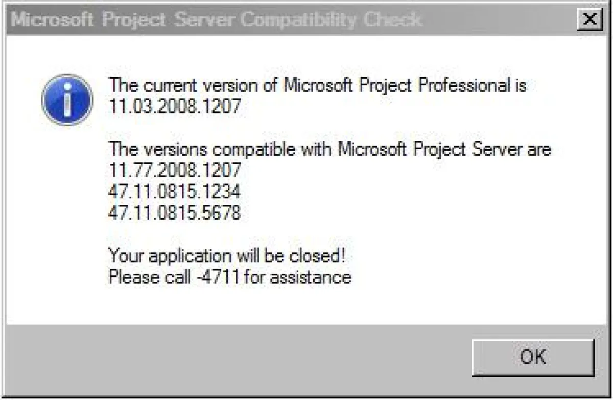 Konfigurierbare Hinweisbox - der TPG VersionChecker prüft beim Start von Microsoft Project Professional die installierten Updates auf dem Project Client und Server und gibt dem Nutzer bei Kompatibilit