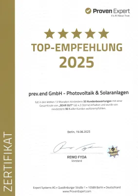 Bild: prev.end GmbH erhält ProvenExpert „Top-Empfehlung 2025“