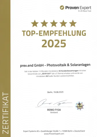 prev.end GmbH erhält ProvenExpert „Top-Empfehlung 2025“ Bild: prev.end GmbH erhält ProvenExpert „Top-Empfehlung 2025“