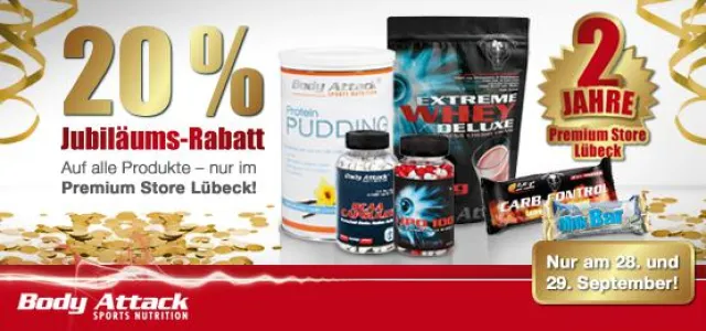 Body Attack Premium Store Lübeck feiert Geburtstag – 20% Rabatt auf Sportnahrung und Fitness-Equipment Bild: Body Attack Premium Store Lübeck feiert Geburtstag – 20% Rabatt auf Sportnahrung und Fitness-Equipment