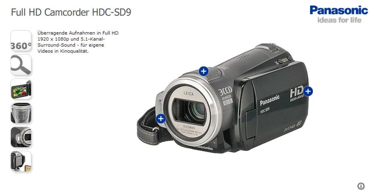 Panasonic Full HD Camcorder HDC-SD 9 als 360°-Produktanimation im THAVIS Viewer®