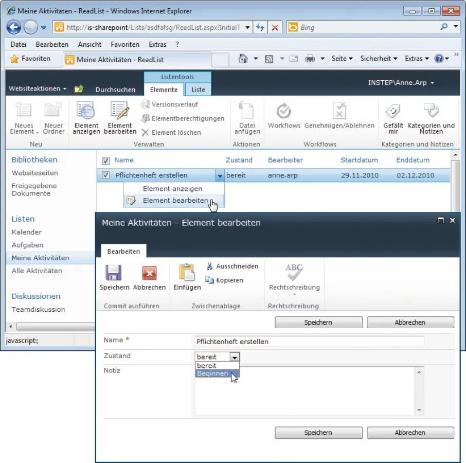 Die SharePoint-Integration ermöglicht den Zugriff auf Aktivitäten in in-Step
