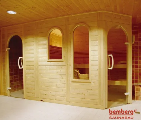 Bild: BEMBERG Innovationen im Saunabau innen Natur Pur ( Bohlensauna ) aussen Design nach Kundenwunsch