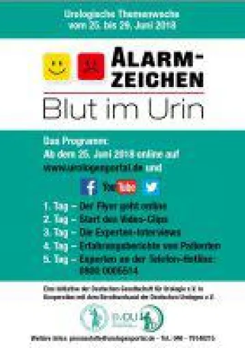 Noch 6 Tage bis zum Start: Urologische Themenwoche "Alarmzeichen Blut im Urin" vom 25. bis 29. Juni 2018 Bild: Noch 6 Tage bis zum Start: Urologische Themenwoche "Alarmzeichen Blut im Urin" vom 25. bis 29. Juni 2018