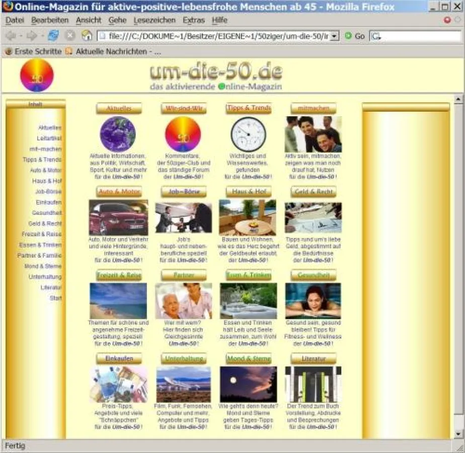Das Internetmagazin 50ziger.de bietet viele Informationen für alle ab 45 Jahre. Schauen Sie einfach einmal vorbei und lassen Sie sich von den vielseitigen Infos überzeugen: www. Partner-50.de