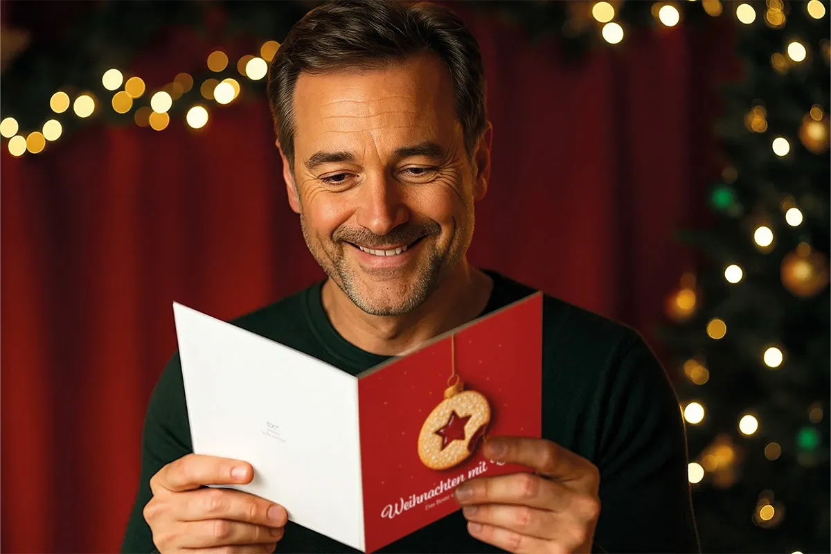 Geschäftsperson liest eine personalisierte Weihnachtskarte; warme Lichter, Tannenbaum im Hintergrund (© tac office marketing)