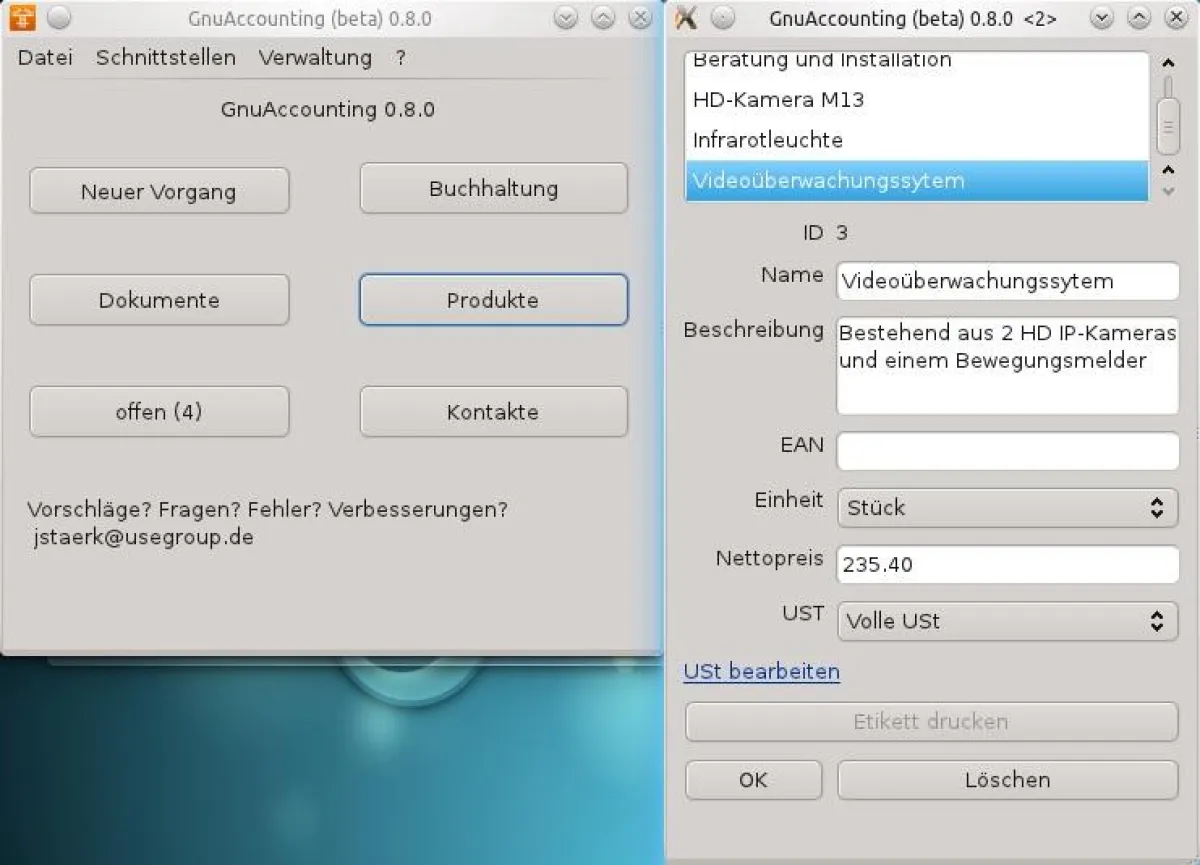 Die Artikelbearbeitung von Gnuaccounting 0.8.0 mit den neuen Attributen Beschreibung und Einheit