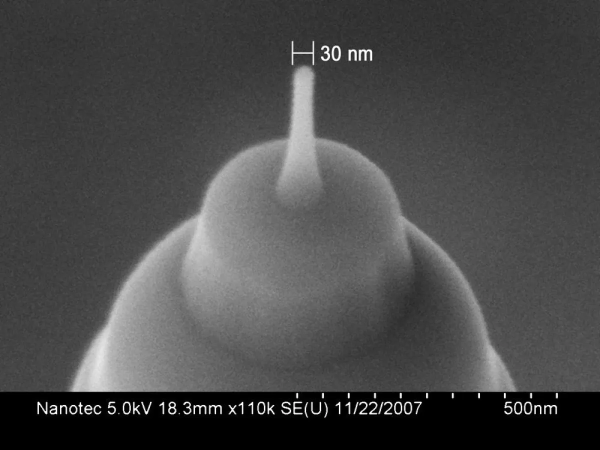 Mit Nanometer großen Nadeln tasten Rasterkraft-Mikroskope die Oberfläche von Siliziumstrukturen ab. Halbleiterhersteller können damit die Qualität von Mikrochips kontrollieren.