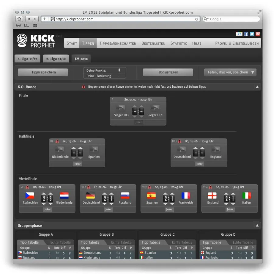 Screenshot des interaktiven EM 2012 Spielplans