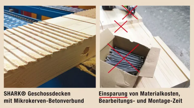 Bild: Mit Sidler SHARK® Holzbetonverbund Geschossdecken spart man Verbindungsmaterial und Zeit 