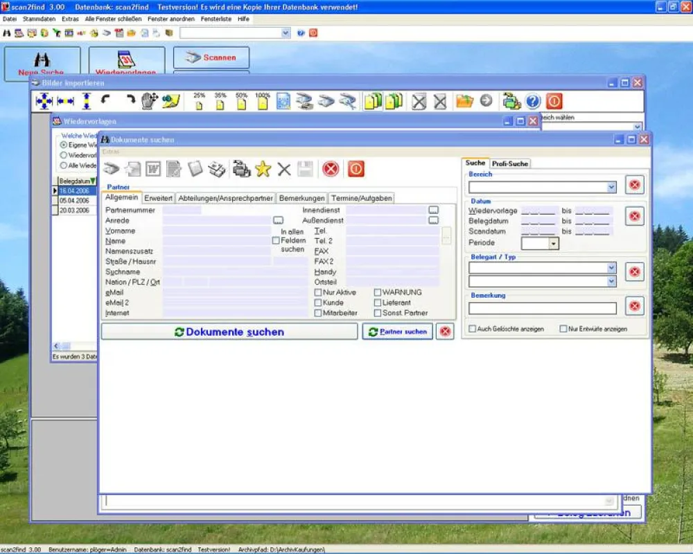 scan2find Desktop mit geöffneten Fenstern