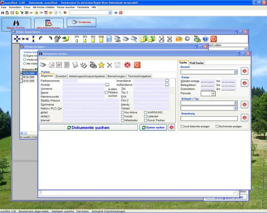 scan2find Desktop mit geöffneten Fenstern