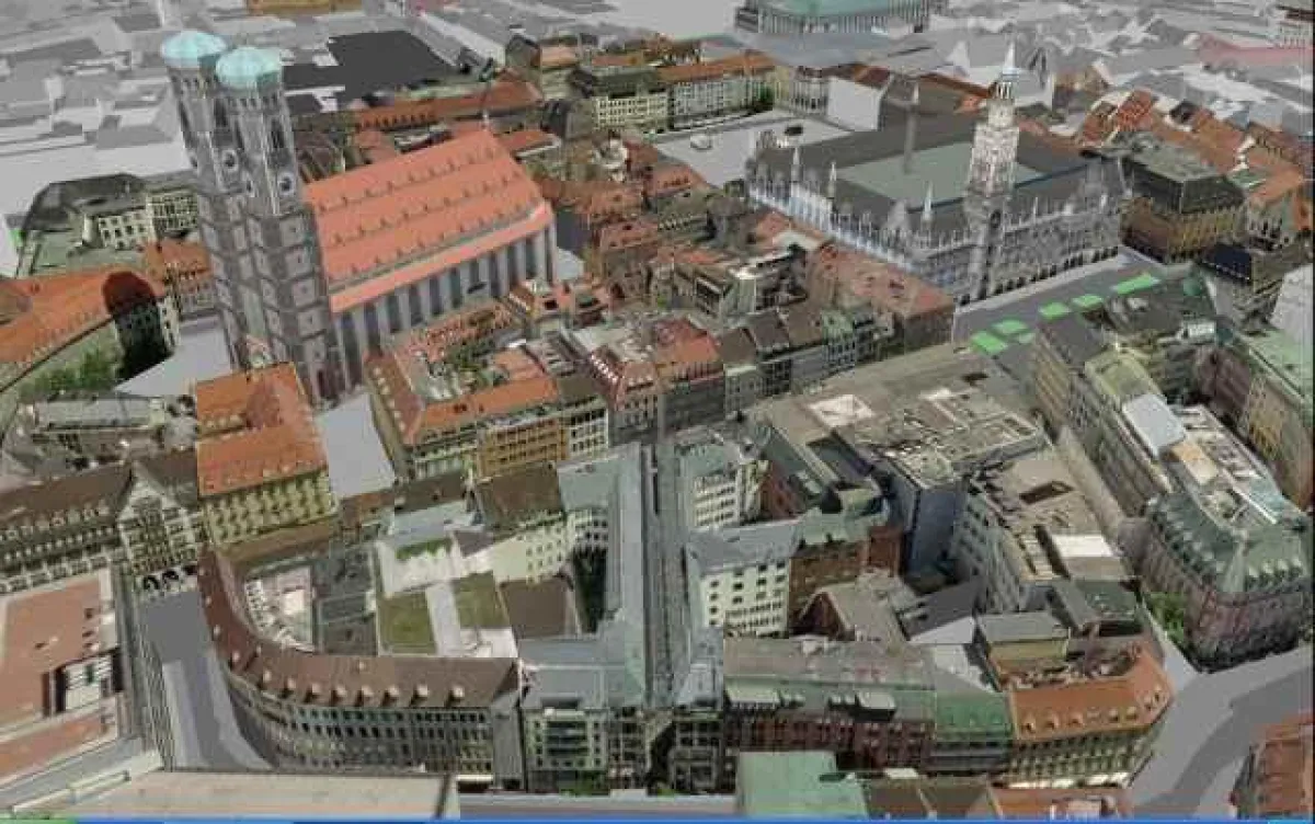 Foto GTA: Die bayerische Landeshauptstadt München aus der Vogelperspektive. Das vollautomatische Einlesen der Luftbilder und die Modellierung der Gebäude nehmen pro Quadratkilometer gerade noch ein bi