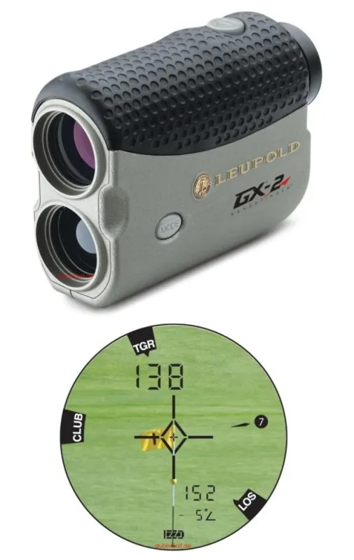 Foto© Leupold/ dublisGolf©: Leupold´s neuer GX-2® Golf Entfernungsmesser 2010 ist da. Messsituation: Ballistische Schlagweite TGR 138m mit E7 statt LOS 152m mit E5 bei ?5° tiefergelegenem Grün